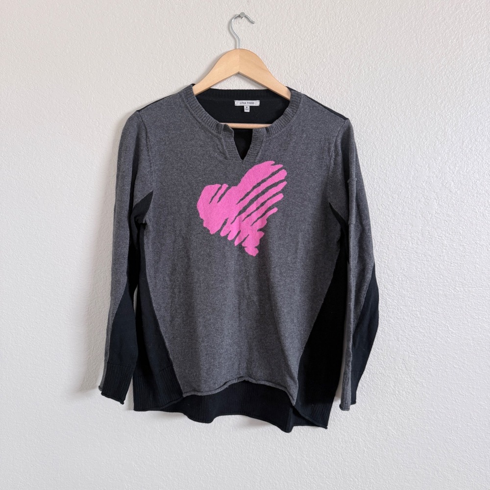 LISA TODD Heart Crewneck Sweater Cotton Cashmere  Gray Pink Casual Pullover M